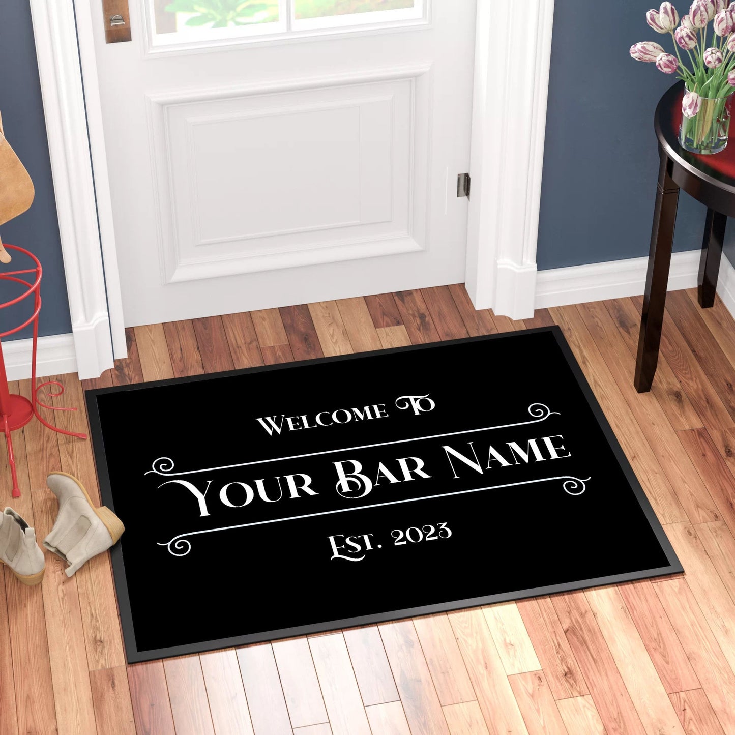 Personalised Custom Printed Bar Door Mat with Scroll Design